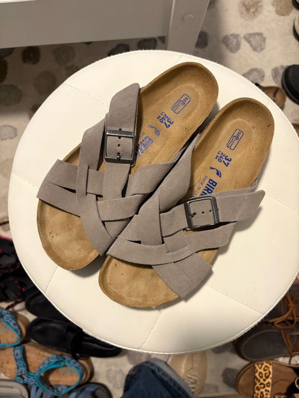 Birkenstock Taupe Braided Buckle Slide Sandals